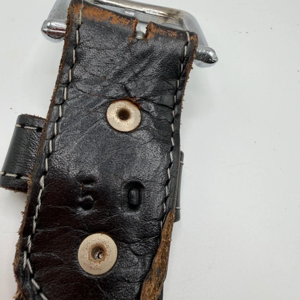 Vintage Black Leather Embossed Belt Size 50 Distressed White Stitch Workwear